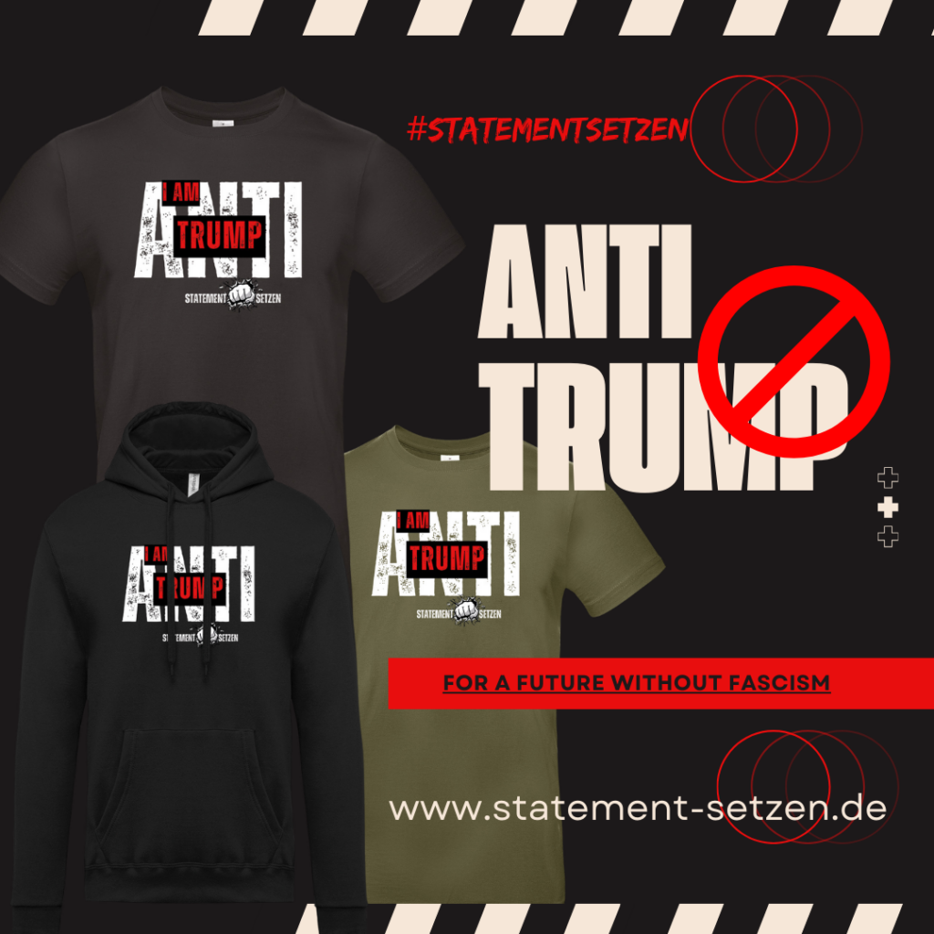 Werbegrafik mit 2 T-Shirts und einem Hoodie. Text: I am Anti Trump